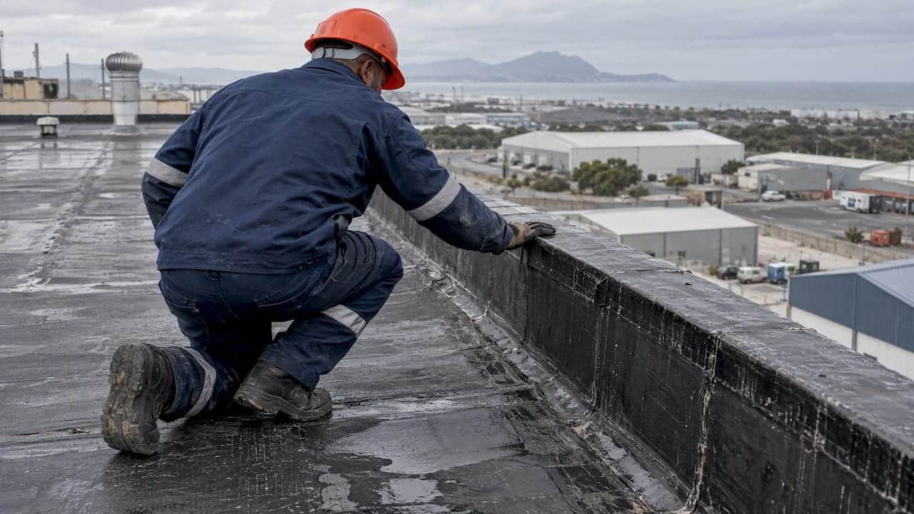 Roofer checking membrane at an exposed industrial roof edge