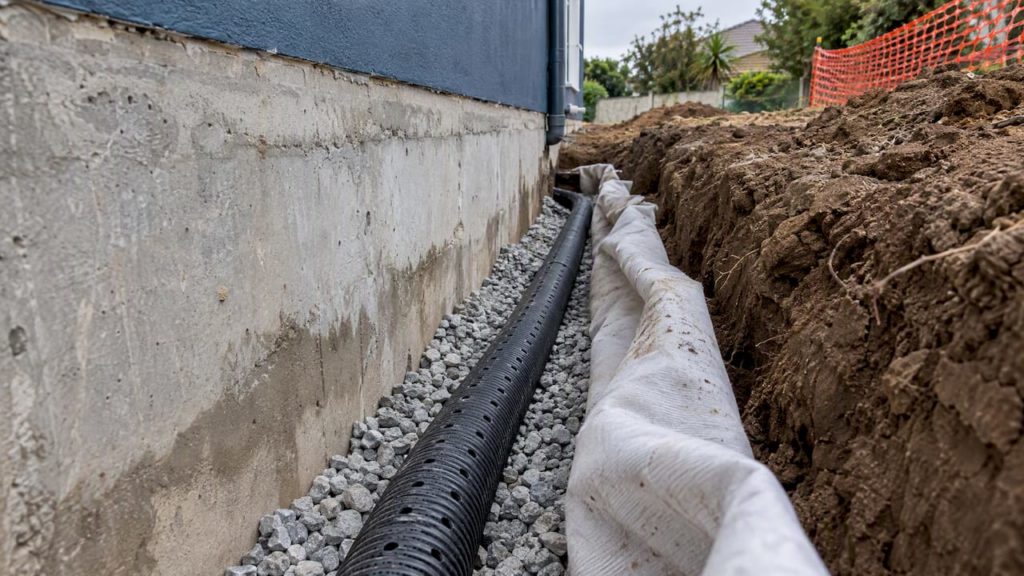 Perforated pipe beside a concrete foundation