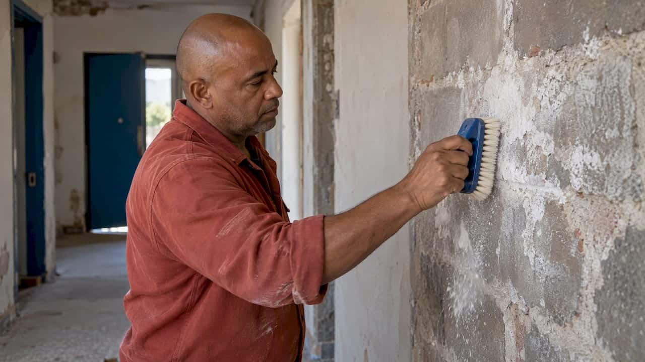 Worker dry-brushing salt deposits from masonry