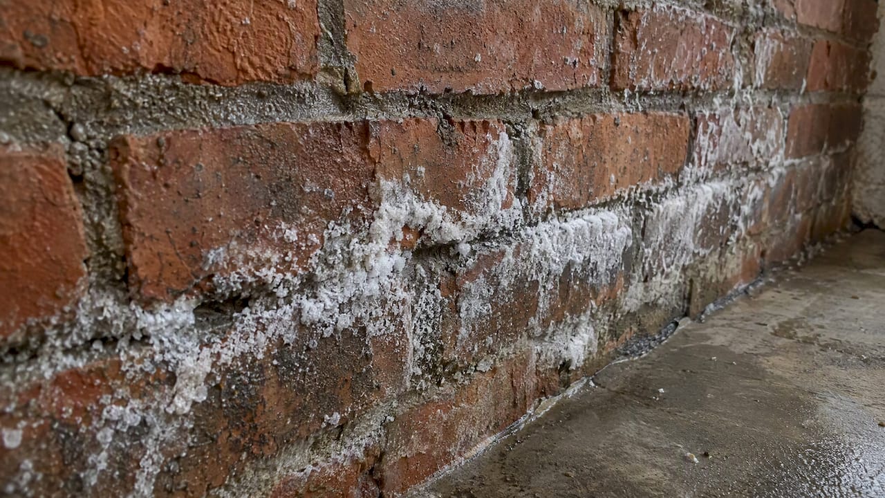 White efflorescence deposits on damp brickwork