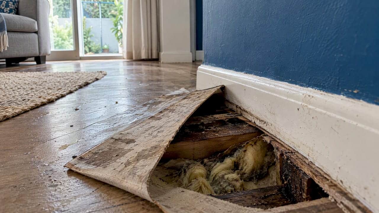 Damp insulation visible beneath a lifted floor covering