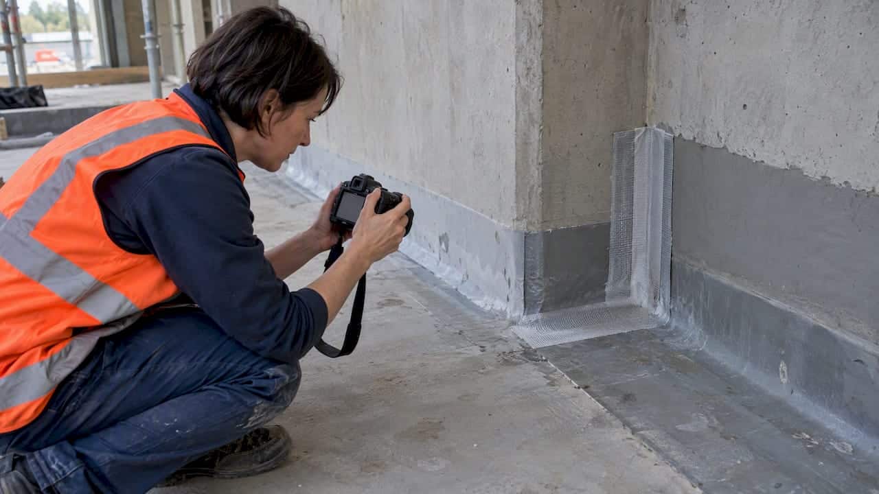 Installer photographing waterproofing gusset strip