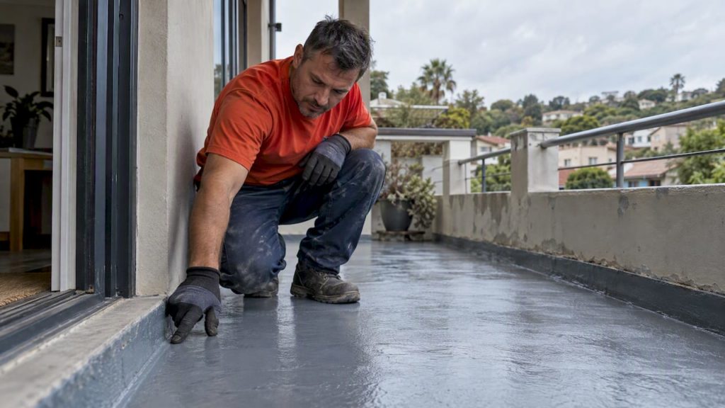 Contractor checking a curing balcony membrane