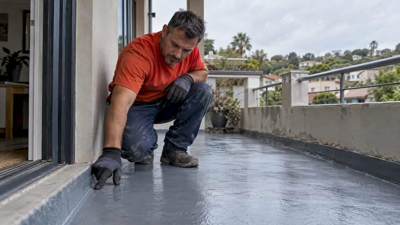 Contractor checking a curing balcony membrane