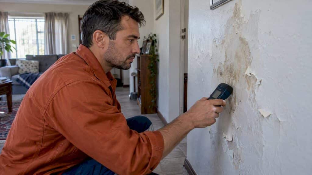 Technician examining peeling paint on damp wall