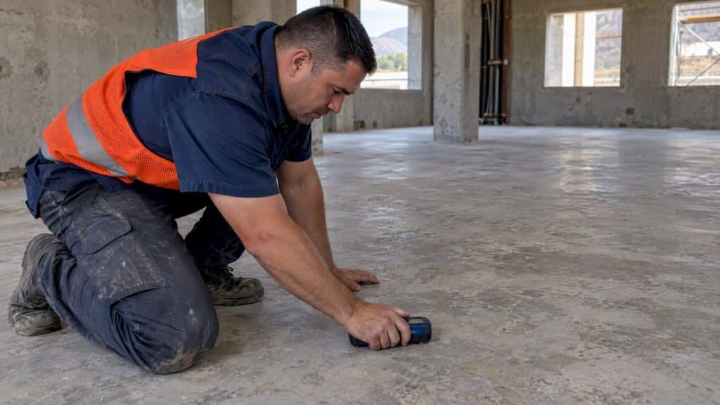 Technician testing moisture in concrete slab