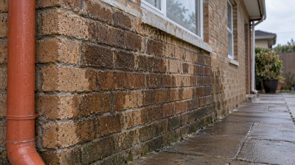 Rain-darkened patches across an exterior brick wall