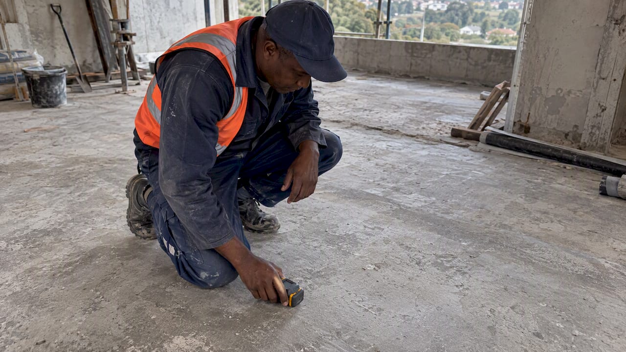 Technician testing concrete slab moisture
