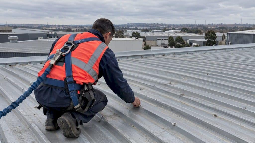 Inspector checking fasteners on an industrial metal roof