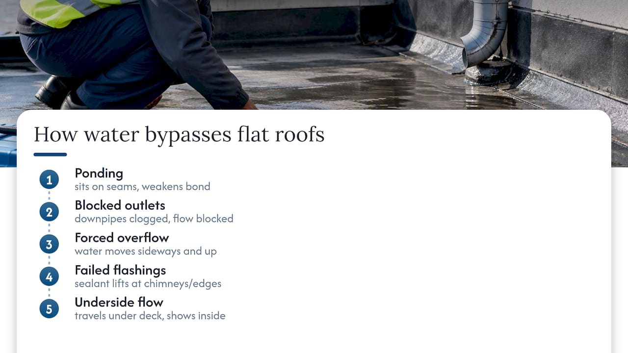 Water routes from blocked drains into roof