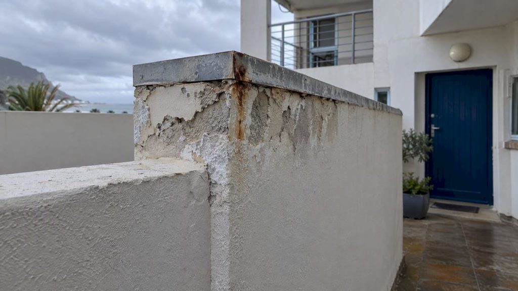 Salt-weathered parapet junction on coastal apartment