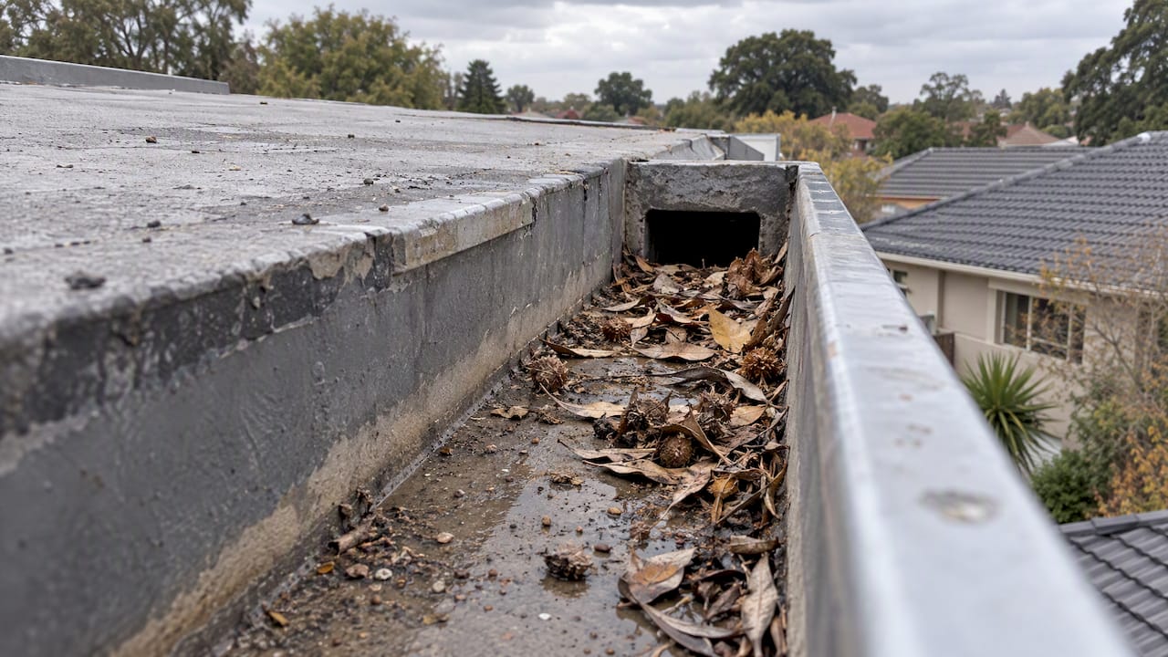 Leaves and grit gathered beside a roof scupper